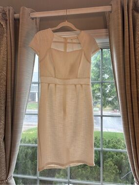 Grace Karin Cream Textured Midi Sheath Dress with Cap Sleeves